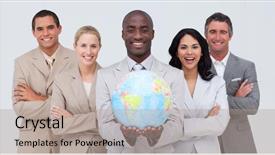  Presentation with american universities - PPT theme featuring businessman holding a terrestrial globe background and a coral colored foreground