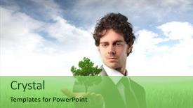  Presentation with hands holding a tree - Amazing theme having businessman holding a tree backdrop and a seafoam green colored foreground