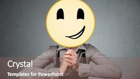  Presentation with yellow - Presentation theme having businessman holding a yellow smiley background and a  colored foreground