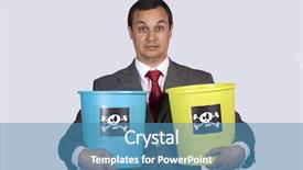  Presentation with danger - PPT theme enhanced with businessman holding a yellow and a blue bucket with a danger symbol background and a teal colored foreground