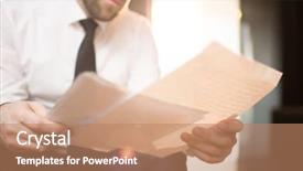  Presentation with notebook paper pieces of ready - Cool new presentation with businessman holding and reading thorough backdrop and a coral colored foreground