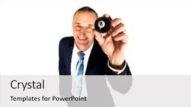  Presentation with billiard - PPT theme enhanced with businessman holding black billiard ball background and a white colored foreground