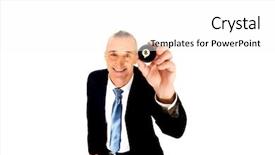  Presentation with billiard - Audience pleasing PPT theme consisting of businessman holding black billiard ball backdrop and a white colored foreground
