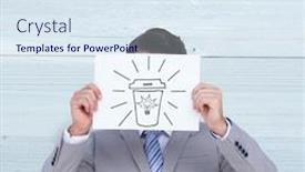  Presentation with bleached - Cool new presentation with businessman holding blank sign in front of his head against bleached wooden planks background backdrop and a sky blue colored foreground