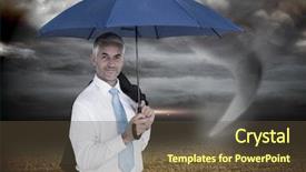  Presentation with tornado - Presentation design featuring businessman holding blue umbrella background and a tawny brown colored foreground