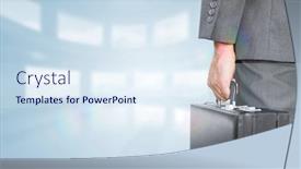  Presentation with windows - PPT theme featuring businessman holding briefcase against bright white room with windows background and a sky blue colored foreground