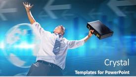  Presentation with blue global - Amazing theme having businessman holding briefcase and cheering against global business graphic in blue backdrop and a teal colored foreground