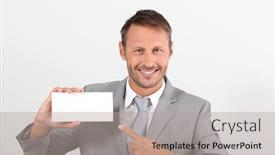  Presentation with business card - PPT theme with businessman-holding-business-card background and a light gray colored foreground