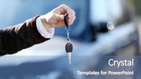  Presentation with car key - Presentation featuring businessman holding car key outdoors background and a teal colored foreground