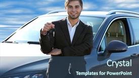  Presentation with car body repairer holding - Colorful presentation theme enhanced with businessman holding car key outdoors backdrop and a ocean colored foreground