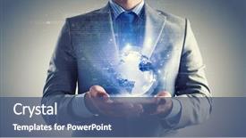  Presentation with palm - Beautiful slide set featuring businessman holding digital globe backdrop and a ocean colored foreground