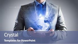  Presentation with palm - Colorful presentation design enhanced with businessman holding digital globe backdrop and a ocean colored foreground