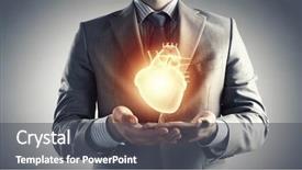  Presentation with human heart - Audience pleasing PPT theme consisting of businessman holding digital glowing heart backdrop and a dark gray colored foreground