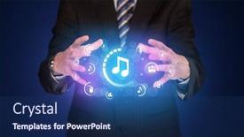  Presentation with multimedia - Beautiful PPT layouts featuring businessman holding digital multimedia icons backdrop and a ocean colored foreground
