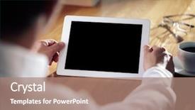  Presentation with hands holding black tablet - Cool new presentation theme with businessman holding digital tablet backdrop and a coral colored foreground