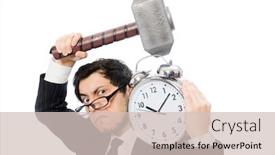  Presentation with alarm - Presentation with businessman holding hammer and alarm clock isolated on white background and a soft green colored foreground