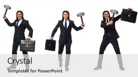  Presentation with law case judge hammer - Beautiful PPT layouts featuring businessman holding hammer and case backdrop and a light gray colored foreground