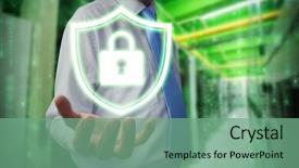  Presentation with storage - Presentation theme enhanced with businessman holding hand out against image of data storage background and a seafoam green colored foreground