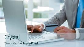  Presentation with pay - Audience pleasing slide set consisting of businessman holding his credit card to pay on his laptop backdrop and a light blue colored foreground