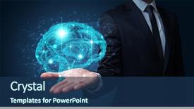  Presentation with human brain - Cool new PPT theme with businessman holding human brain backdrop and a ocean colored foreground