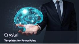  Presentation with brain memory - Cool new PPT theme with businessman holding human brain backdrop and a wine colored foreground