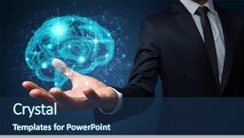  Presentation with human brain - Audience pleasing PPT theme consisting of businessman holding human brain backdrop and a navy blue colored foreground