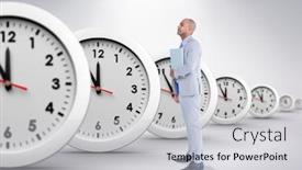  Presentation with grey - Beautiful presentation featuring businessman holding laptop against grey background backdrop and a light gray colored foreground