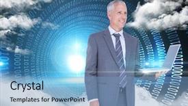  Presentation with coding binary code blue polygonal - Presentation consisting of businessman holding laptop with binary background and a light blue colored foreground