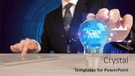  Presentation with action plan - Slide deck having businessman-holding-lightbulb-with-action background and a mint green colored foreground