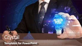  Presentation with action plan - PPT layouts enhanced with businessman-holding-lightbulb-with-action background and a tawny brown colored foreground