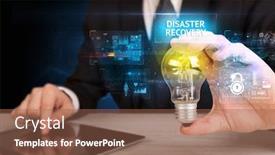  Presentation with disaster recovery - Presentation design enhanced with businessman-holding-lightbulb-with-disaster background and a violet colored foreground