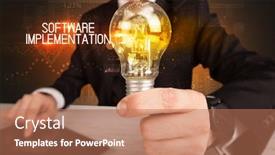  Presentation with software - Cool new PPT theme with businessman-holding-lightbulb-with-software backdrop and a coral colored foreground