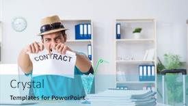  Presentation with office - Amazing PPT theme having businessman-holding-message-in-office backdrop and a light blue colored foreground