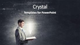  Presentation with glowing light bulb light bulb - Amazing PPT theme having businessman holding opened book with glass glowing light bulb backdrop and a dark gray colored foreground