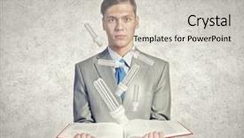  Presentation with glowing light bulb light bulb - Cool new slide deck with businessman holding opened book with glass glowing light bulb backdrop and a light gray colored foreground