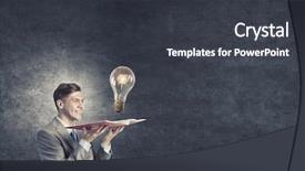  Presentation with light book - Beautiful theme featuring businessman holding opened book with glass glowing light bulb backdrop and a dark gray colored foreground