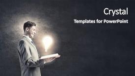  Presentation with light book - Slide set consisting of businessman holding opened book with glass glowing light bulb background and a dark gray colored foreground