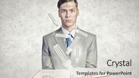  Presentation with light book - Slides with businessman holding opened book with glass glowing light bulb background and a light gray colored foreground