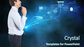  Presentation with students thinking - Colorful presentation design enhanced with businessman holding pen against data backdrop and a ocean colored foreground