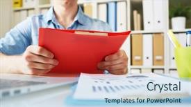  Presentation with workplace - Slide set having businessman holding red folder over workplace background and a sky blue colored foreground