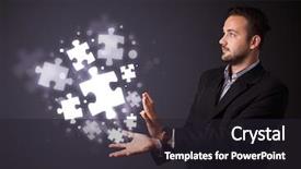  Presentation with holding puzzle pieces - Amazing presentation design having businessman holding shining puzzle pieces backdrop and a wine colored foreground