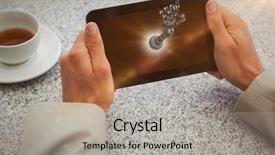  Presentation with robots - Cool new presentation design with businessman holding small tablet backdrop and a light gray colored foreground