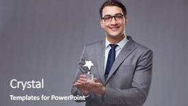 Presentation with star award - Cool new PPT theme with businessman holding star award backdrop and a gray colored foreground