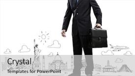  Presentation with business travel - Cool new theme with businessman holding suitcase against sketch background business travel backdrop and a light gray colored foreground