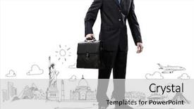  Presentation with business travel - Slide set having businessman holding suitcase against sketch background business travel background and a light gray colored foreground