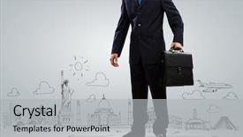  Presentation with business travel - Amazing slide set having businessman holding suitcase against sketch background business travel backdrop and a light gray colored foreground