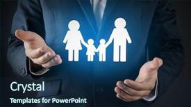  Presentation with family holding hands - PPT theme with businessman holding symbol of family background and a navy blue colored foreground