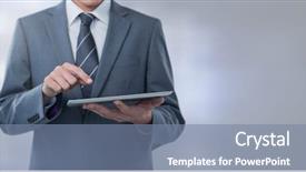  Presentation with hands holding black tablet - PPT theme enhanced with businessman holding tablet with grey background and a seafoam green colored foreground