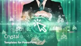  Presentation with technology - PPT theme featuring businessman-holding-technology-icon-concept background and a  colored foreground