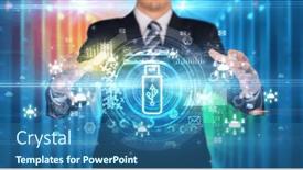  Presentation with technology - Presentation theme with businessman-holding-technology-icon-concept background and a ocean colored foreground